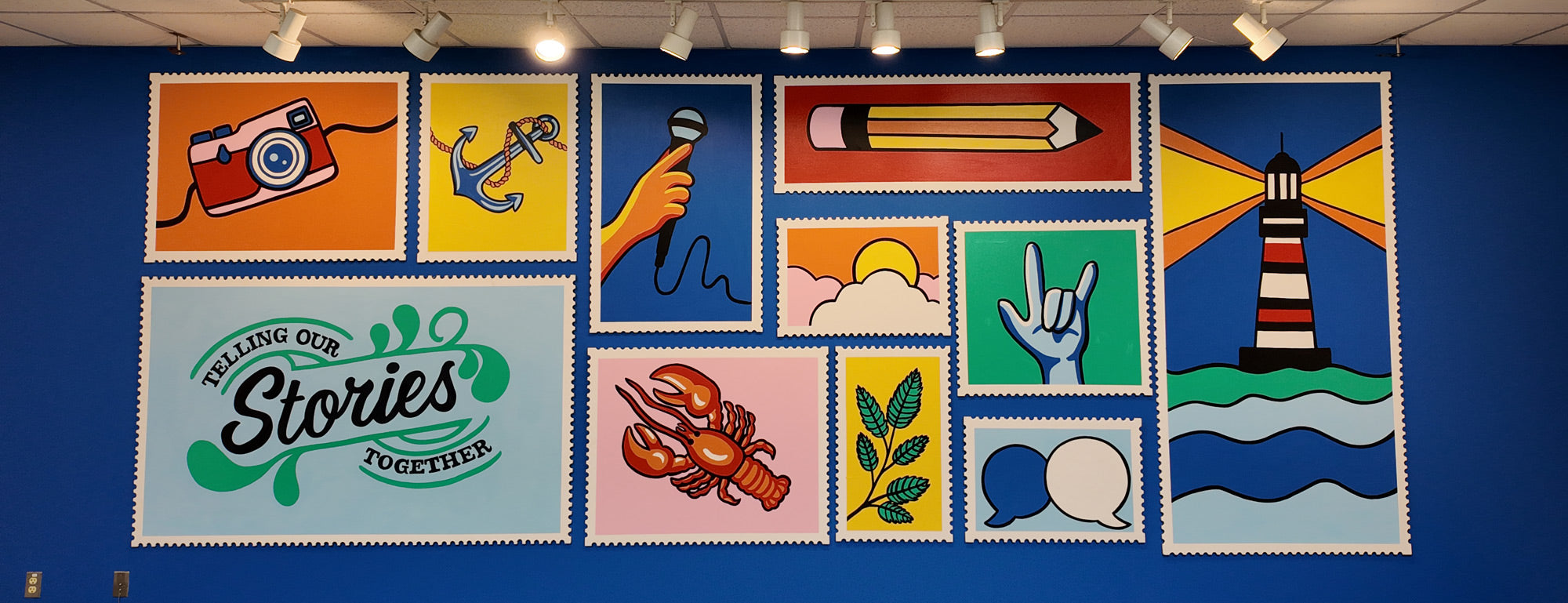 colorful mural of stamps with Rhode Island and news symbols on a blue background