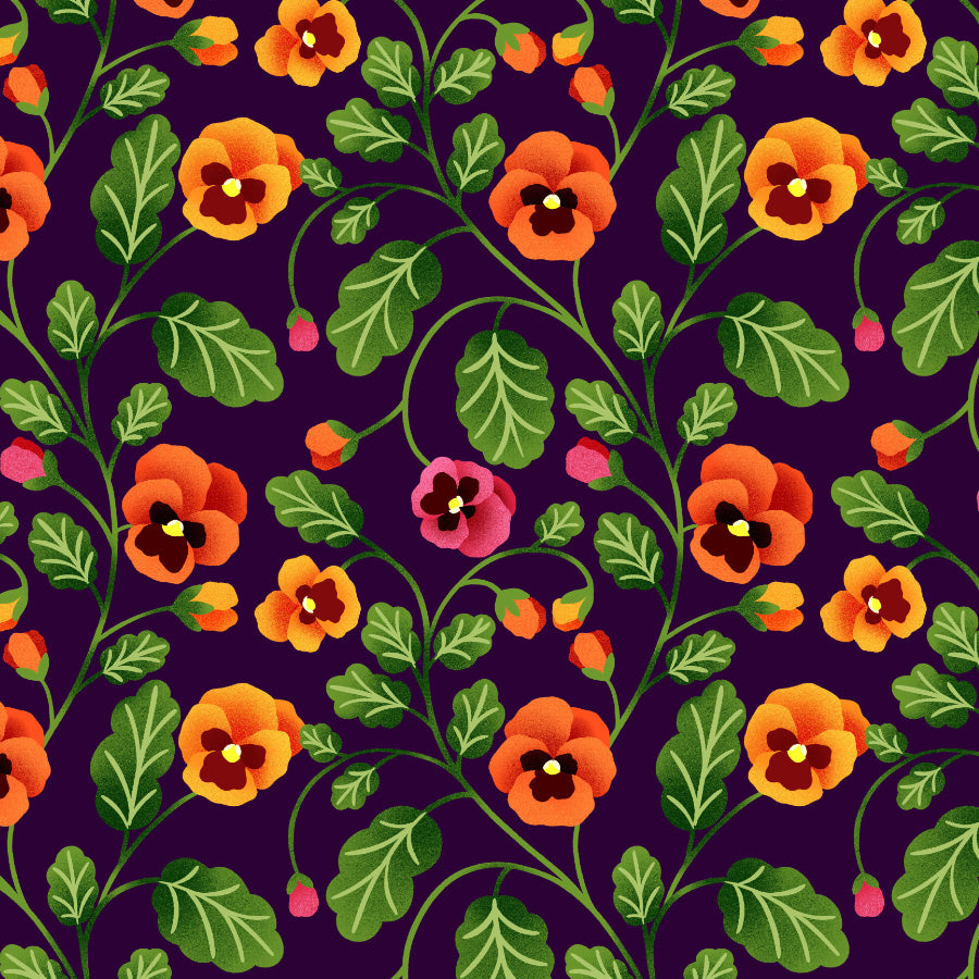 Colorful floral pattern with orange, pink, and green flowers on a dark purple background.