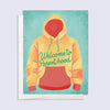 Greeting card with a yellow hoodie and 'Welcome to Parenthood' text on a teal background