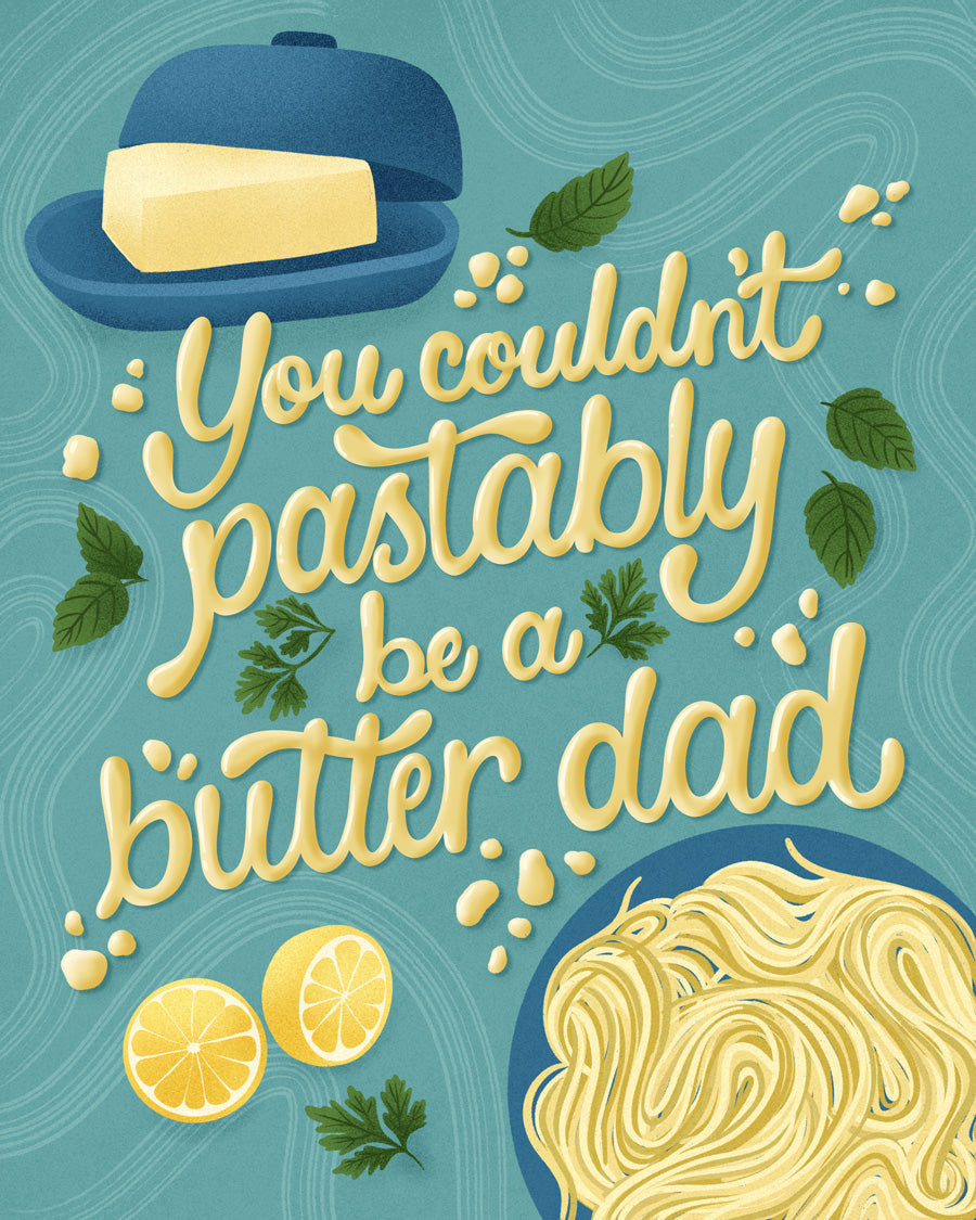 illustration of a block of butter, lemon slices, and pasta with text 