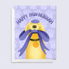 hanukkah card with a cute illustrated dog wearing a kippah and menorah collar holding a big gift bow in its mouth with text "happy paw-nukkah"