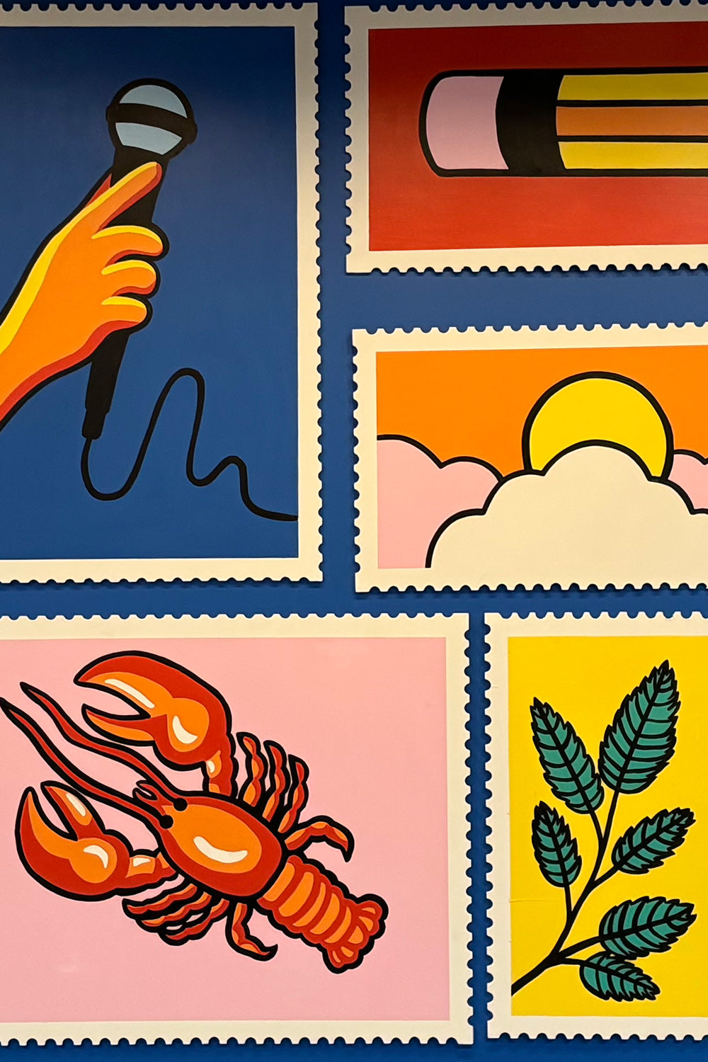 Collection of stylized illustrations on a blue background, including a hand with a microphone, a pencil, a sun and cloud, and a lobster.
