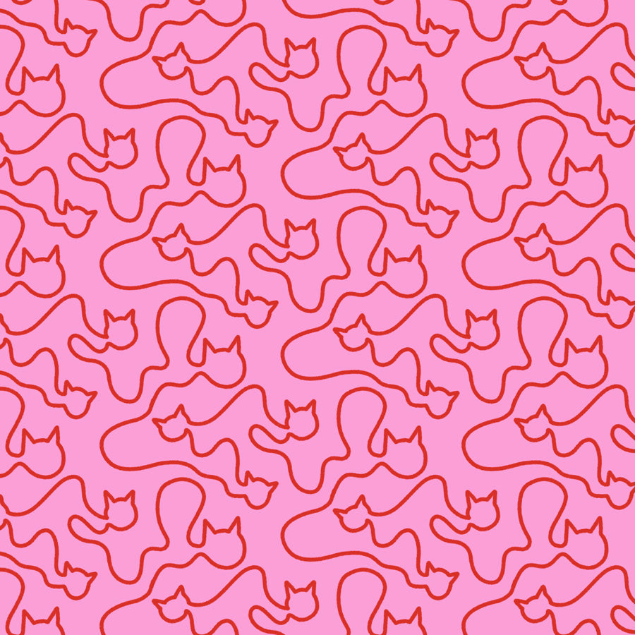 Pattern of red cat outlines on a pink background