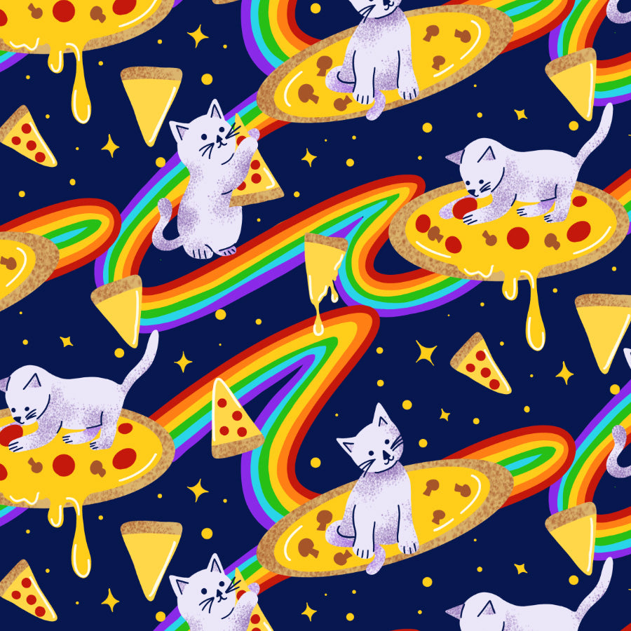 Pattern of cats, pizzas, and rainbows on a dark blue background