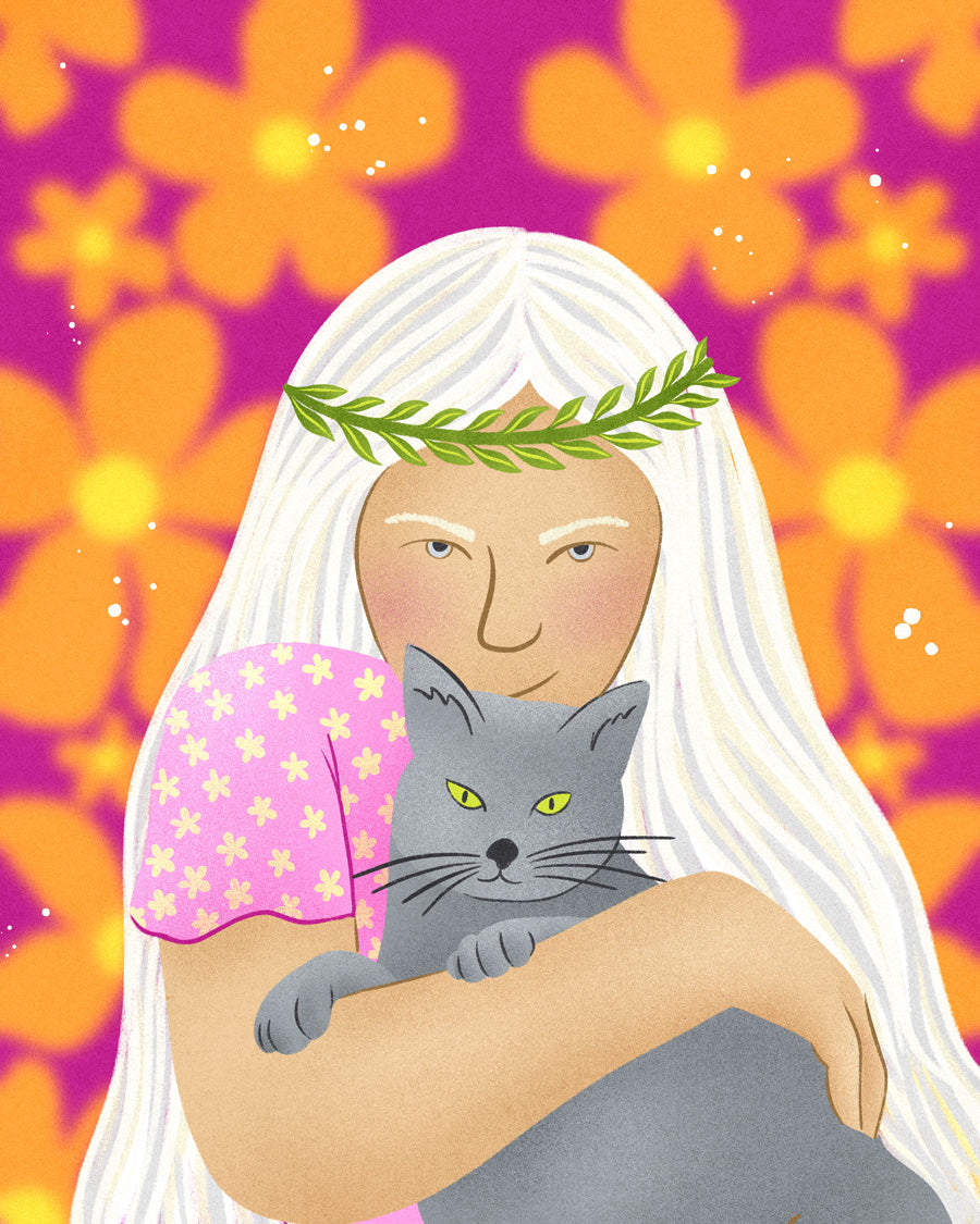 illustration of a woman with flowing white hair and a leaf crown hugging a cat in front of a bright 70s background