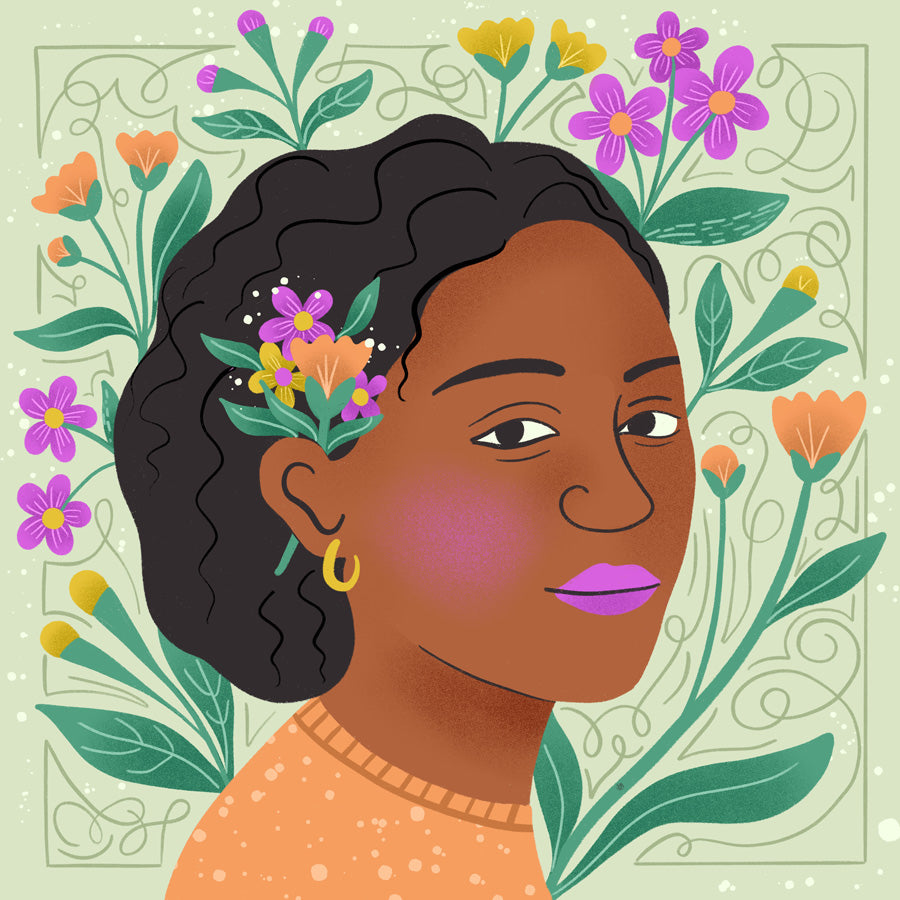 Illustration of a woman with flowers in her hair surrounded by colorful flowers and leaves on a light green background