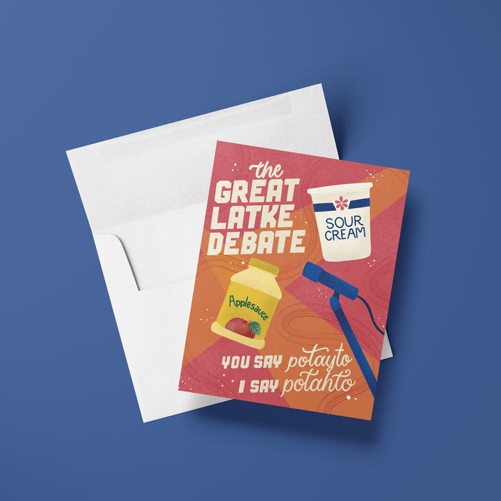 Greeting card with 'The Great Latke Debate' design on a blue background