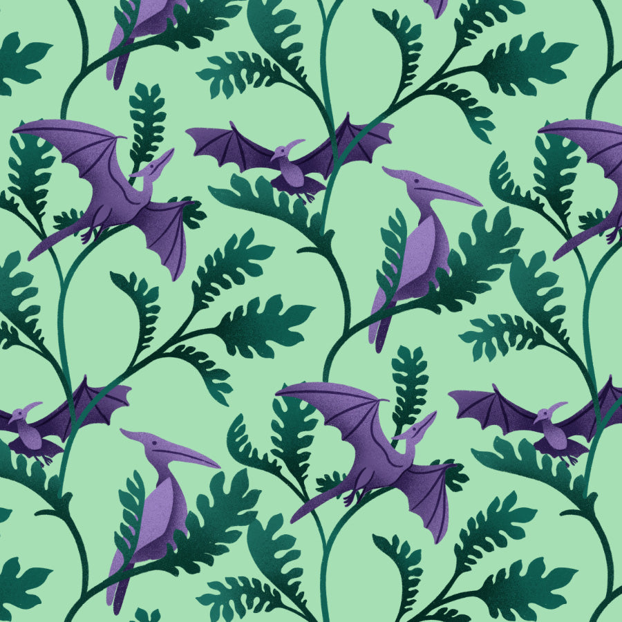 Pattern of purple dinosaurs and green leaves on a light green background
