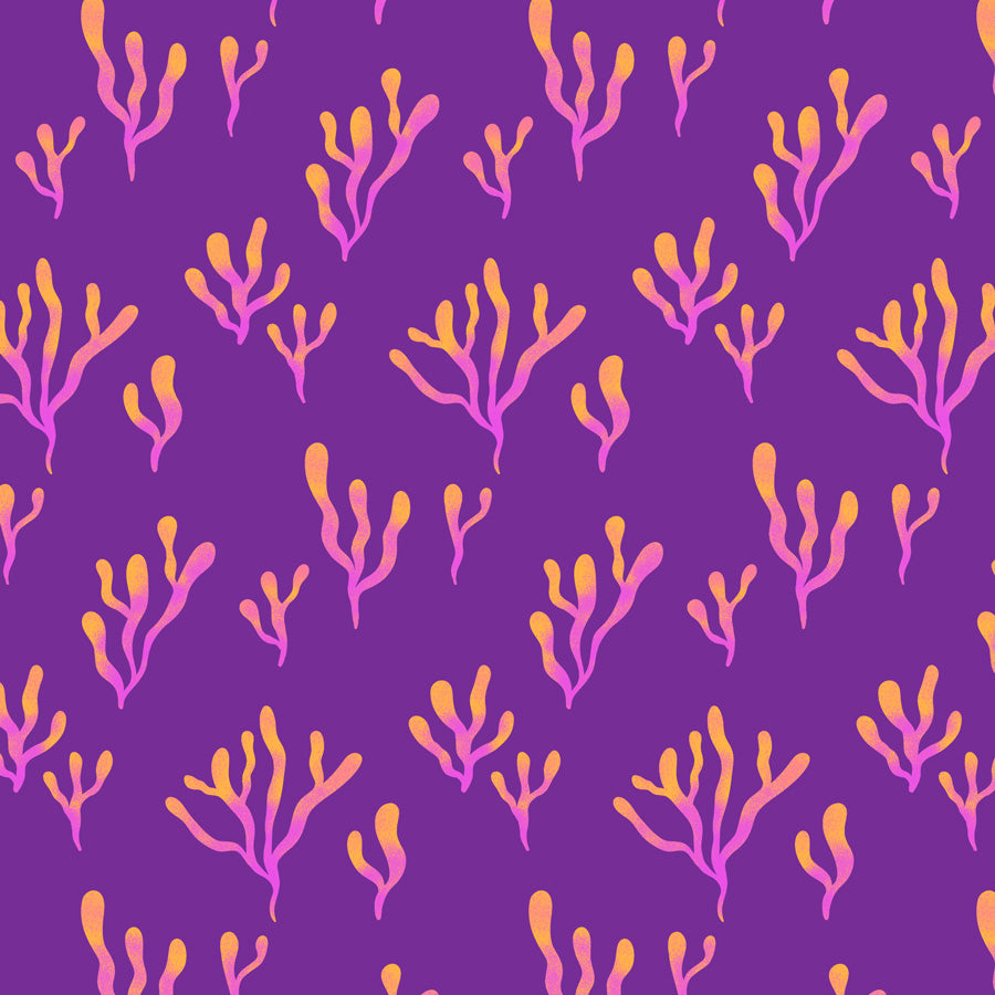Pattern of pink and orange coral-like shapes on a purple background