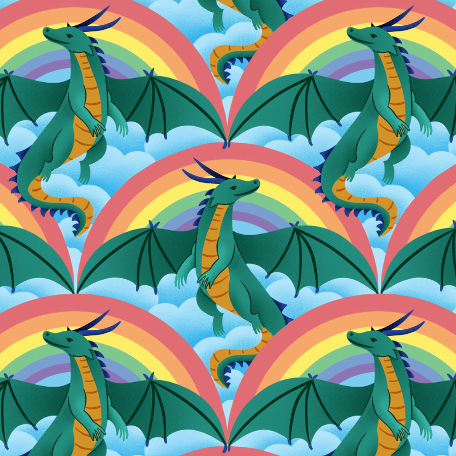 Pattern of green dragons and rainbows on a blue background