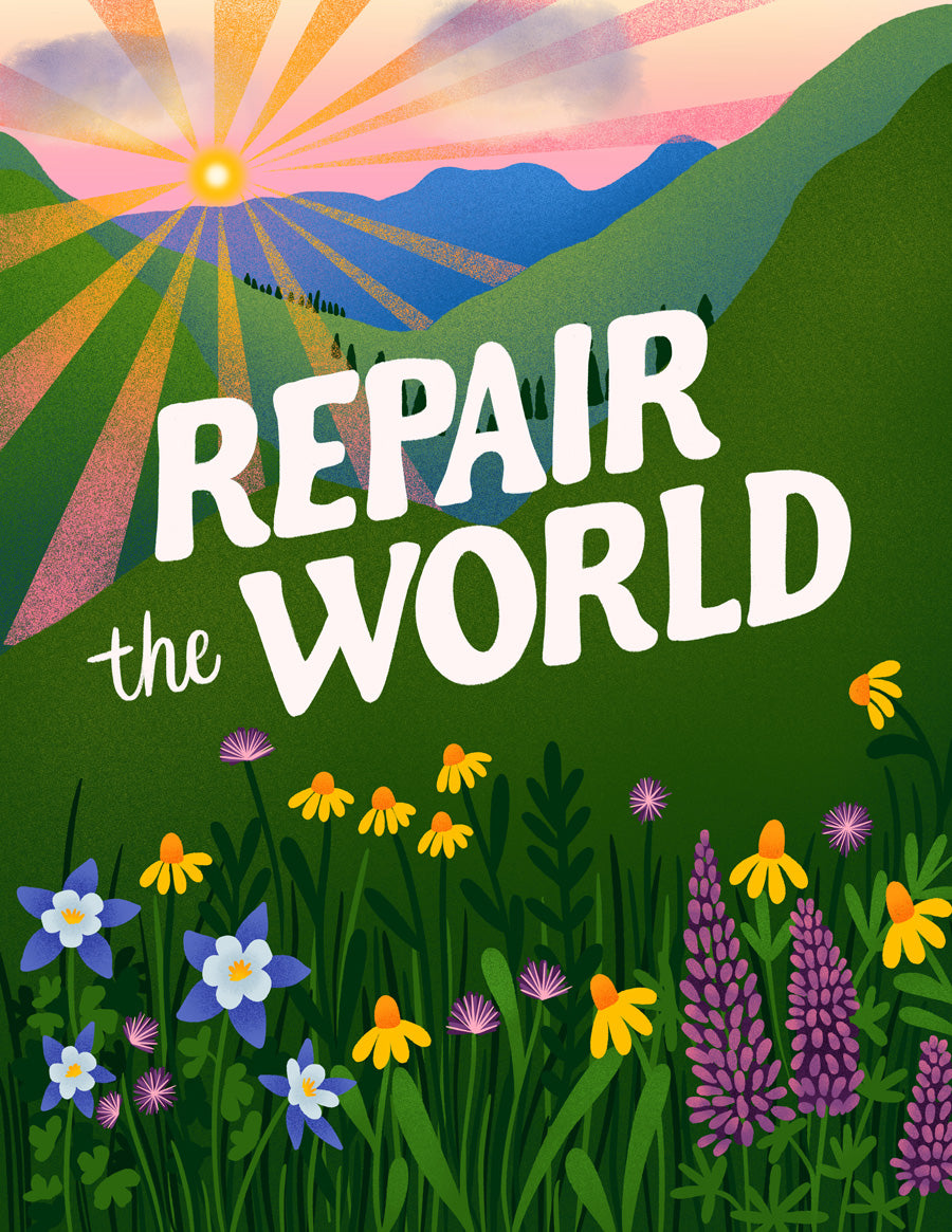 Illustration of a scenic landscape with flowers and 'Repair the World' text