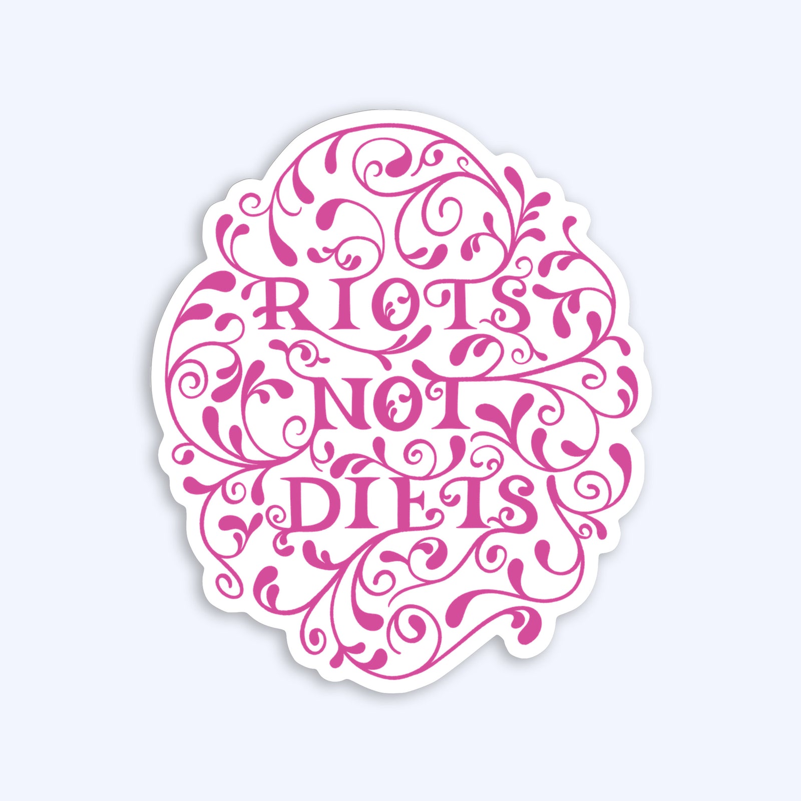Sticker with 'Riots Not Dies' text in pink on a white background