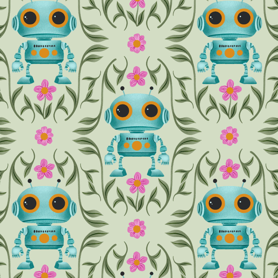 Pattern of blue robots with orange accents and pink flowers on a green background