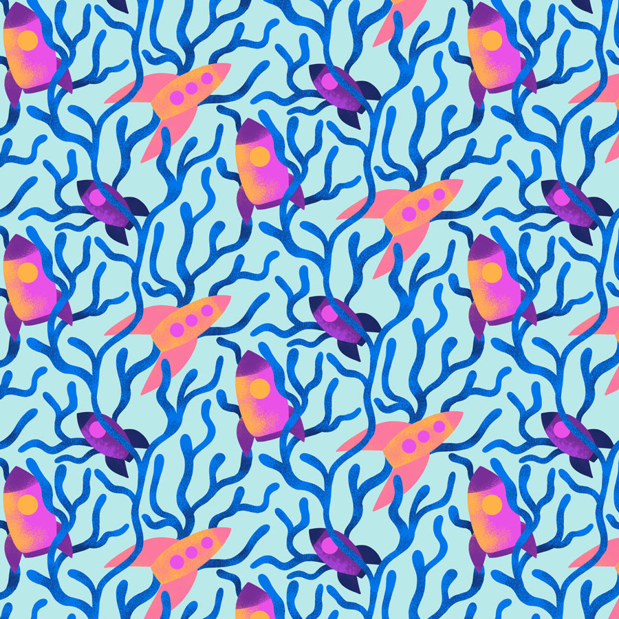 Colorful rocket ships pattern on a blue coral background