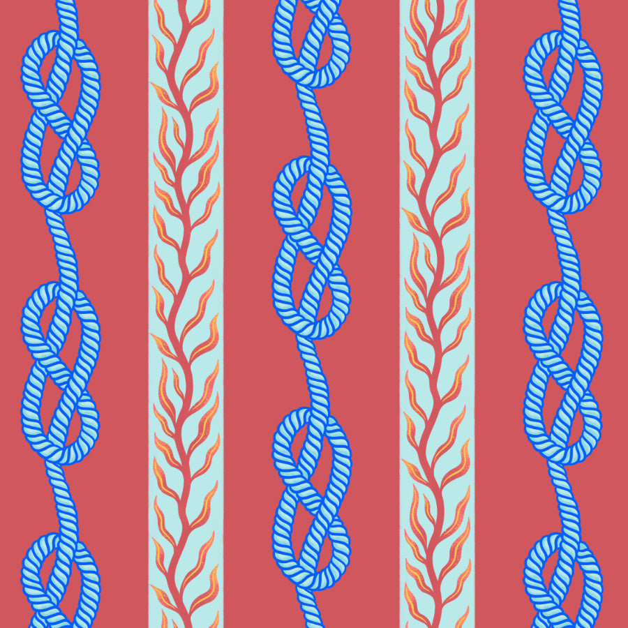 Pattern of blue rope knots and pink seaweed designs on a red background