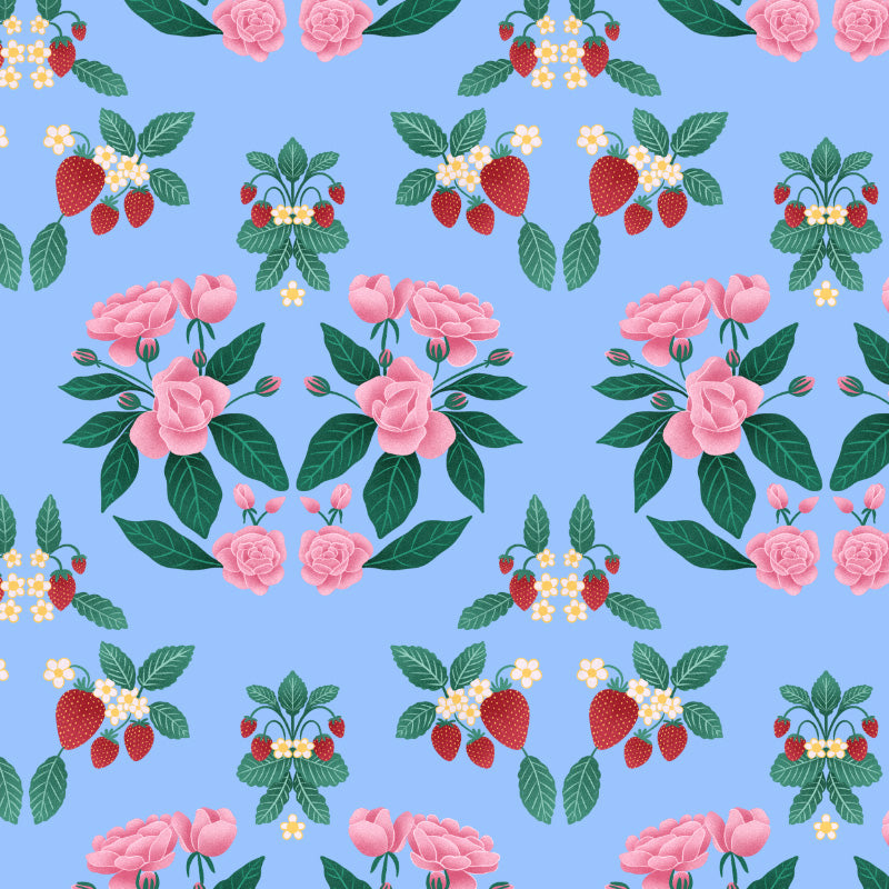vintage inspired pattern of pink roses and red strawberries