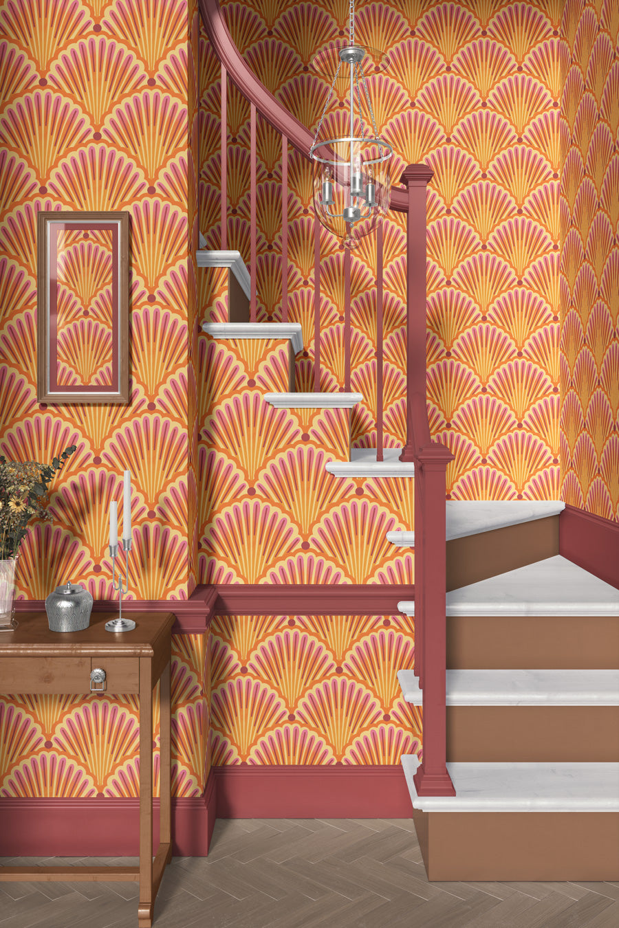 Staircase with decorative wall panels featuring a geometric pattern.