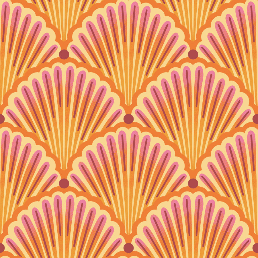 Pattern of pink and orange shell shapes on a matching background