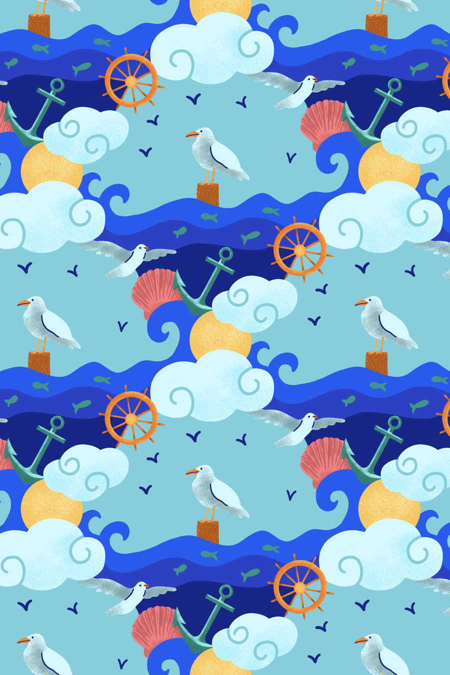 Nautical-themed pattern with seagulls, anchors, wheels, and clouds on a blue background.