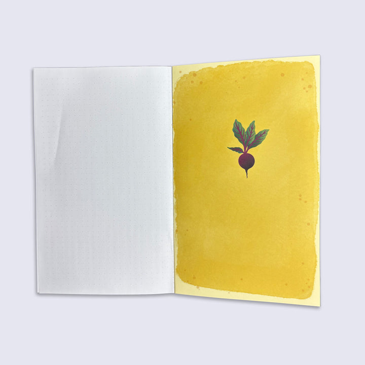 inside cover of a journal with a beet illustration on a yellow background