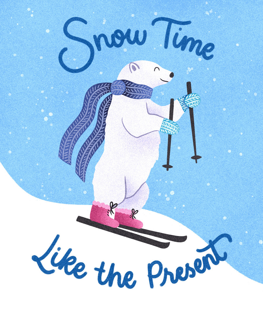 Illustration of a polar bear skiing with text 'Snow Time Like the Present' on a blue background.