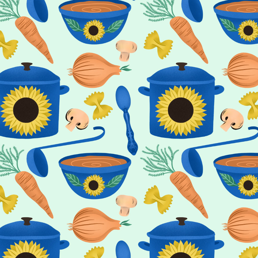 Pattern of blue pots with sunflower designs, carrots, bowls, and pasta on a light blue background.