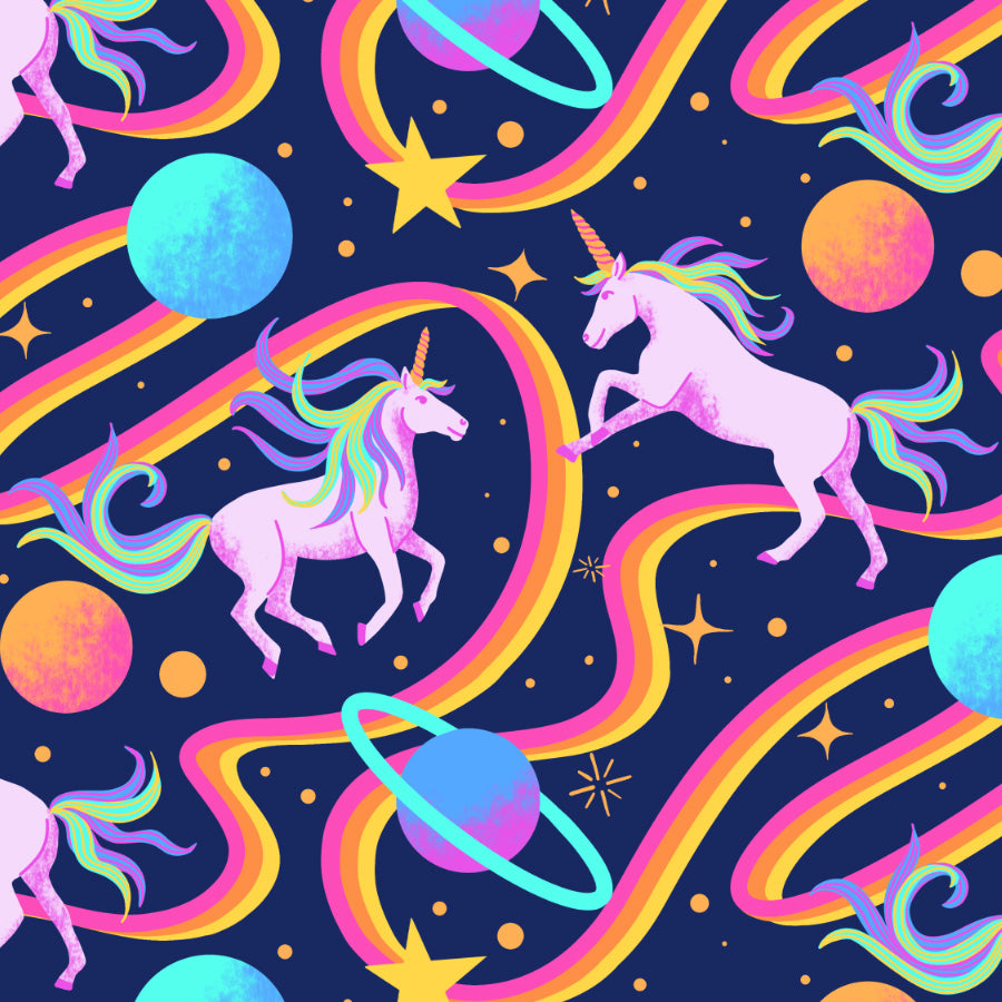 Colorful pattern of unicorns, rainbows, and planets on a dark blue background