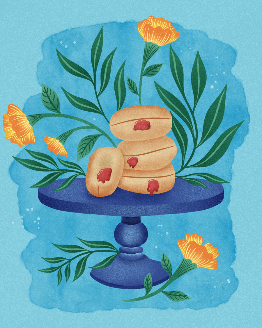 Illustration of donuts on a blue stand with flowers and leaves on a blue background