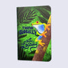 a small notebook with rounded corners featuring an illustration of a frog on a thick branch in the jungle with blue lettering "think globally act locally"