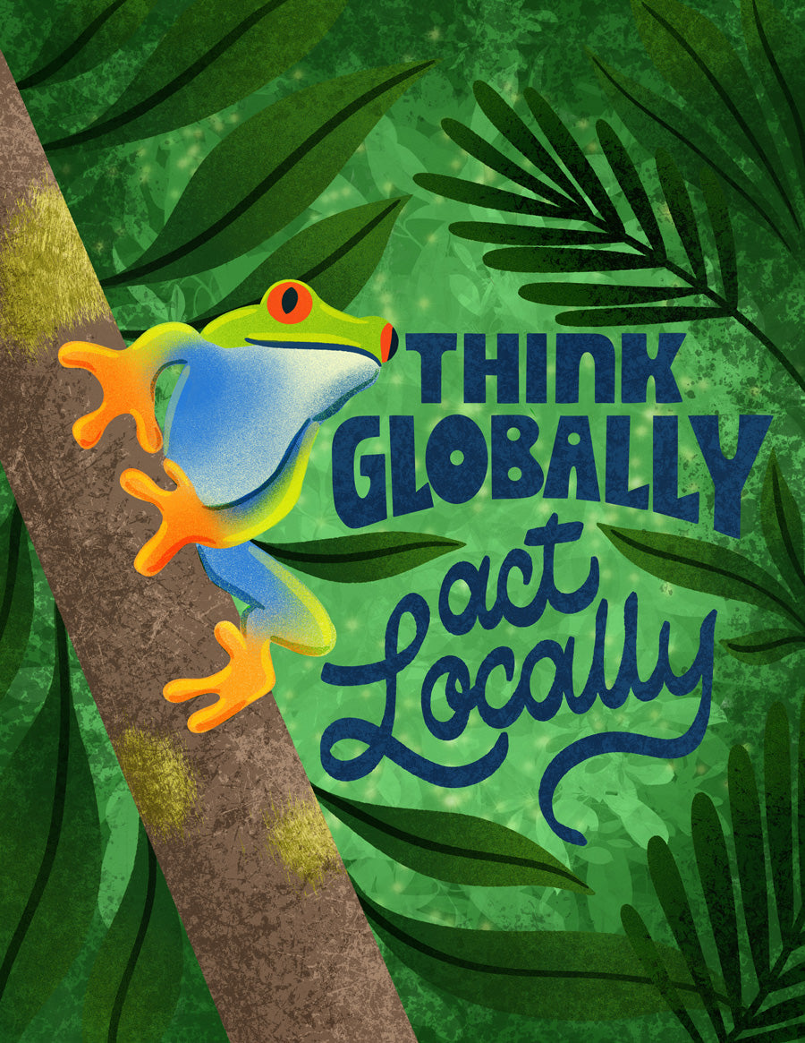 Colorful frog on a tree branch with 'Think Globally, Act Locally' text against a green leafy background