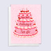 Greeting card with a pink cake illustration and text "hope your birthday is tier-ific"