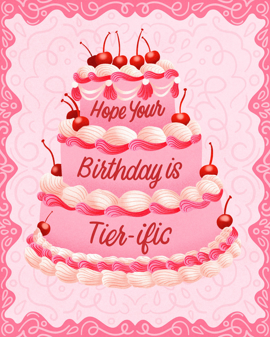Pink birthday cake with cherry decorations and text on a pink background