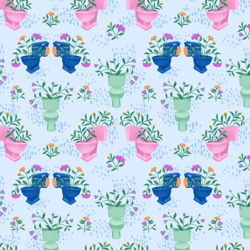 pattern of pink, blue, and mint green toilets with flowers