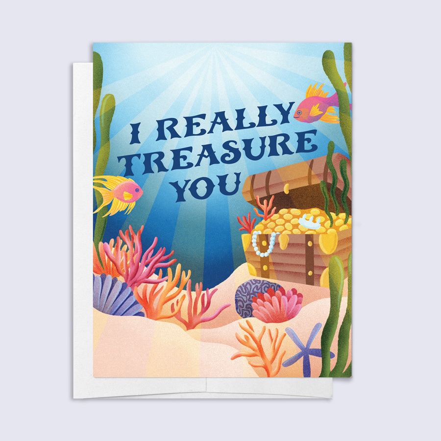 Underwater-themed card with 'I Really Treasure You' text, fish, and treasure chest on a light gray background.