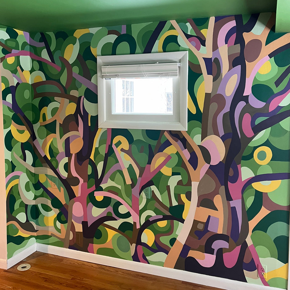 intricate and colorful abstract tree mural featuring geometric shapes