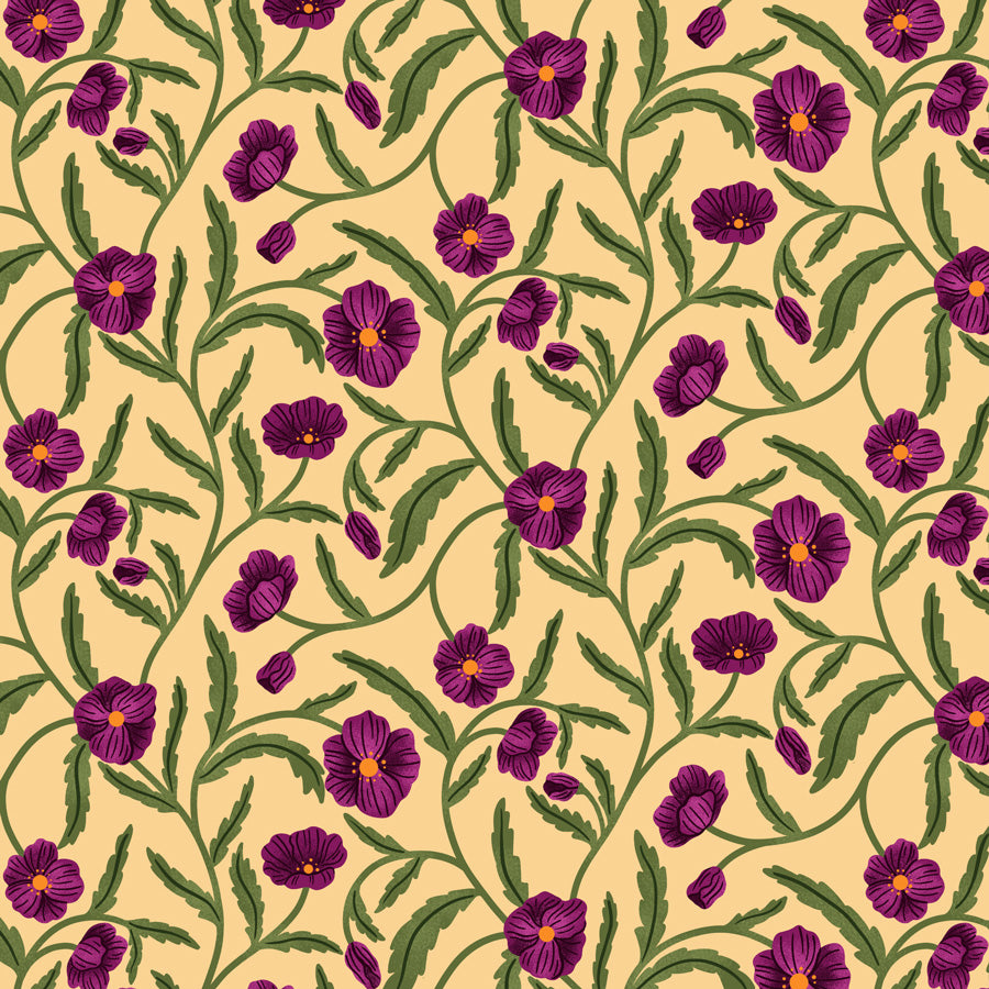 Pattern of purple flowers with green leaves on a beige background