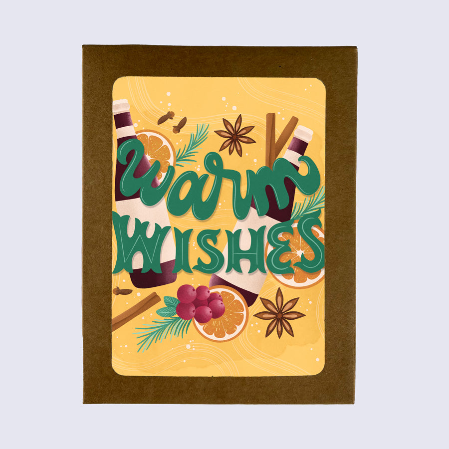 greeting card that says "warm wishes" with illustrated mulled wine ingredients