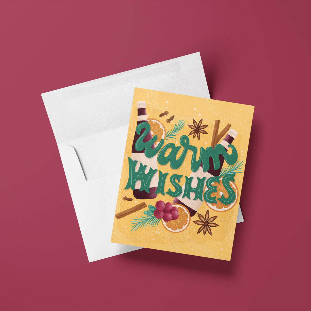 Greeting card with 'Warm Wishes' text and festive illustrations on a red background