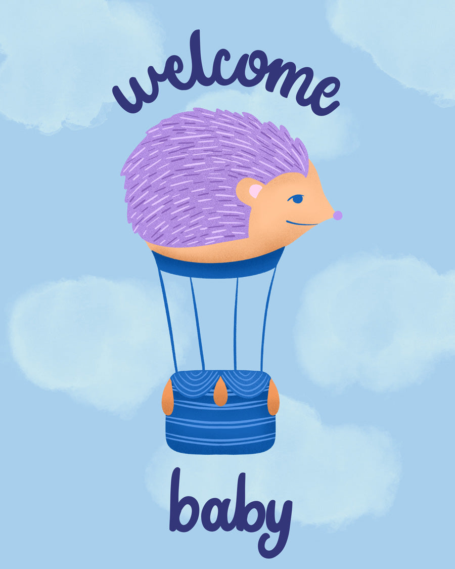 Illustration of a hedgehog in a hot air balloon with 'welcome baby' text on a blue background