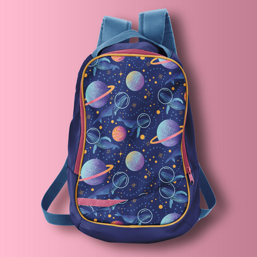 Backpack with space-themed design on a pink background