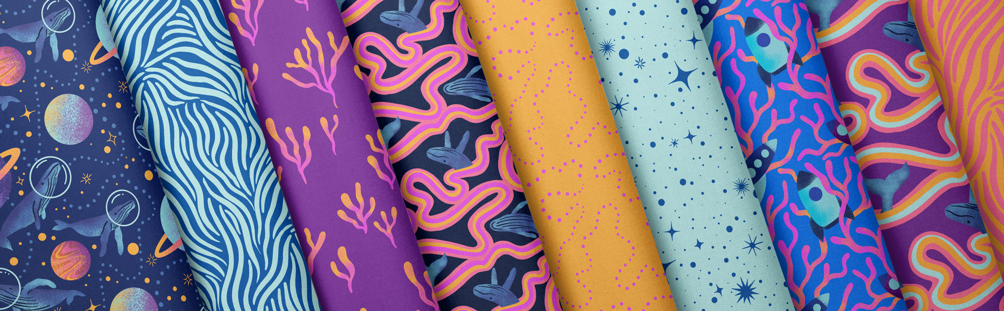 Collection of colorful fabric swatches with various patterns