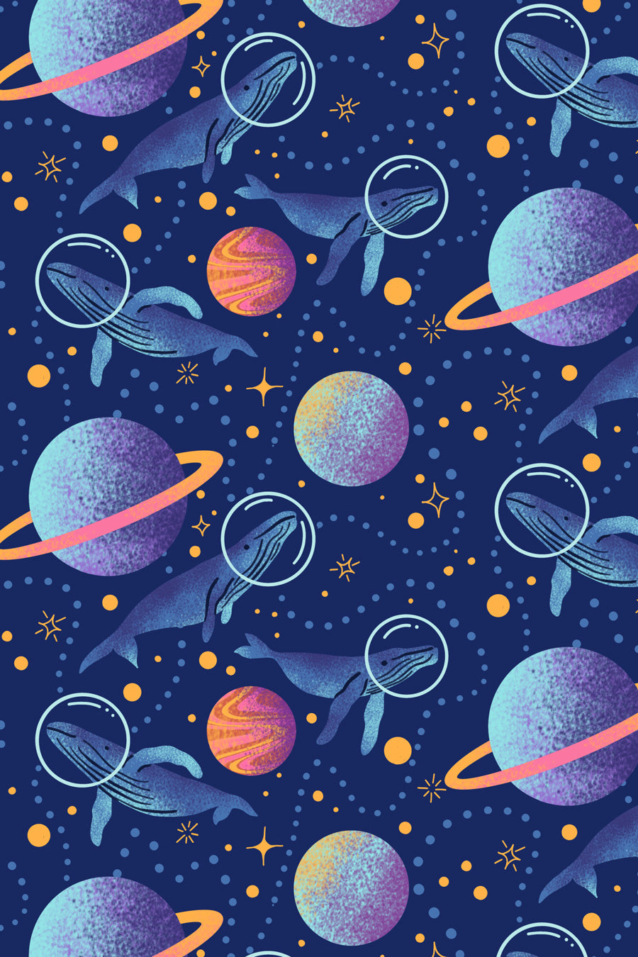 Pattern of space-themed illustrations including planets, stars, and whales on a dark blue background.