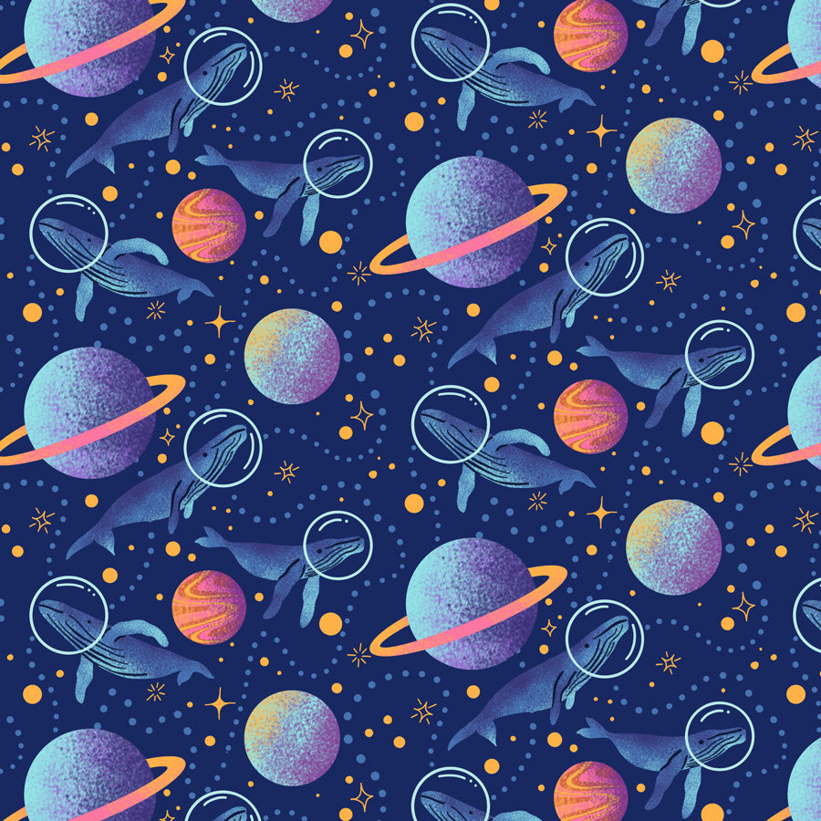 Space-themed pattern with whales, planets, and stars on a blue background
