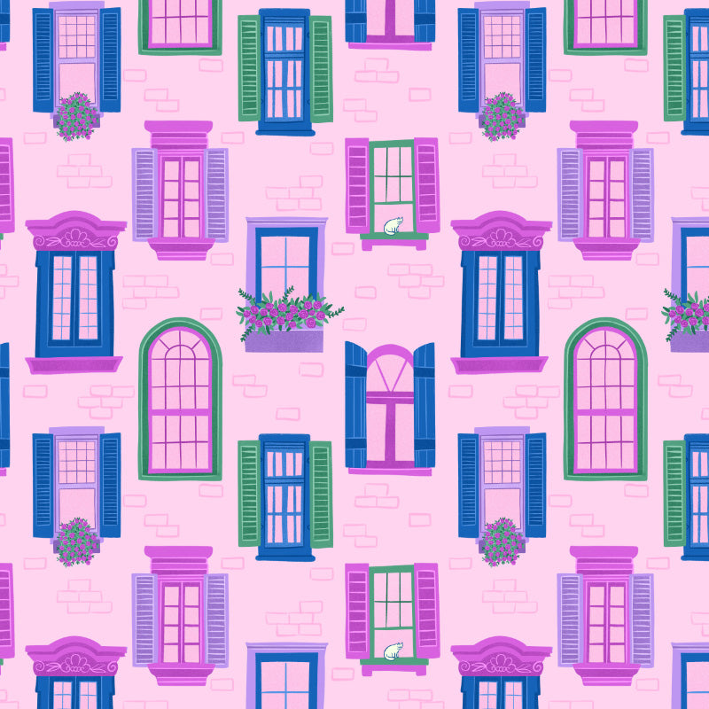 pattern of Parisian windows with flower boxes and a cat