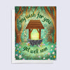 Greeting card with a wishing well in a forest and 'my wish for you: get well soon' text on a light blue background.