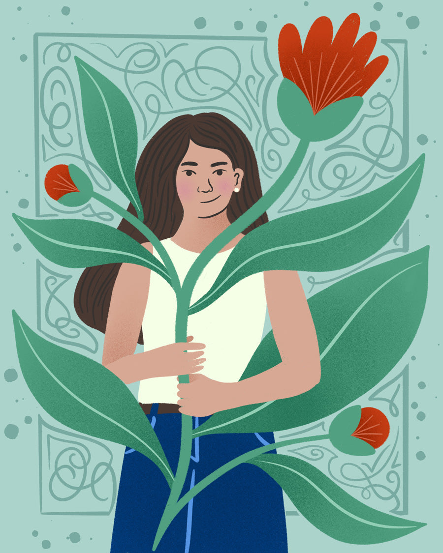Illustration of a person holding a large green plant with red flowers on a light blue background