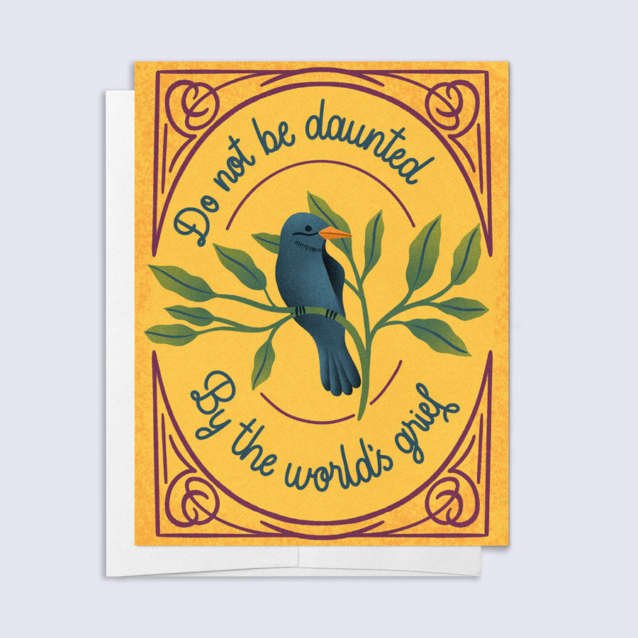 Motivational card with a blue bird illustration and text on a yellow background