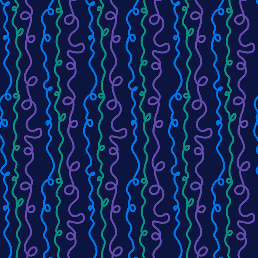 Wavy, multicolored lines on a dark blue background