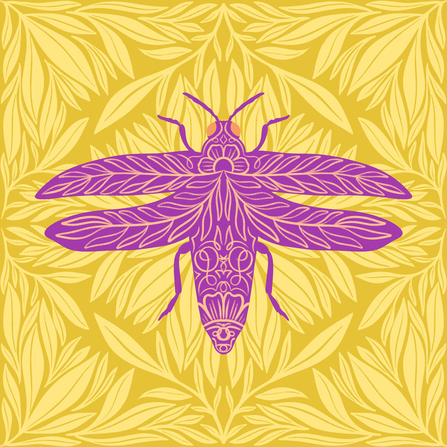 Purple insect illustration on a yellow leaf pattern background