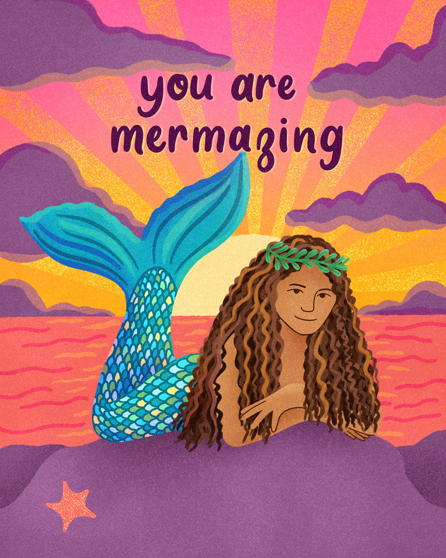 Illustration of a mermaid with text 'you are mermazing' against a colorful sunset background.